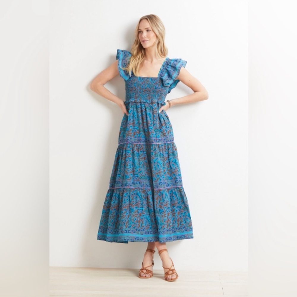 CLEOBELLA MARILYN ANKLE DRESS SQUARE SMOCKED NECKLINE ORGANIC COTTON IN BLUE